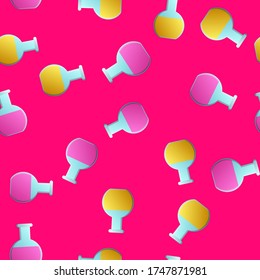 Endless seamless pattern of medical scientific medical supplies laboratory chemical yellow and purple flasks and flasks on a pink background. Vector illustration.