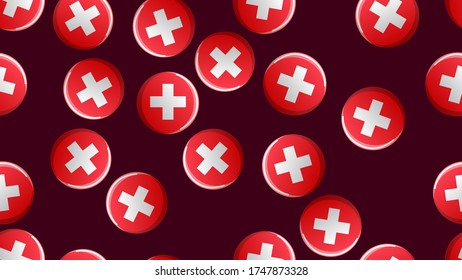 Unendliches nahtloses Muster medizinischer medizinischer medizinischer Komponenten des Kreuzes in einem Kreis auf rotem Hintergrund. Vektorgrafik.