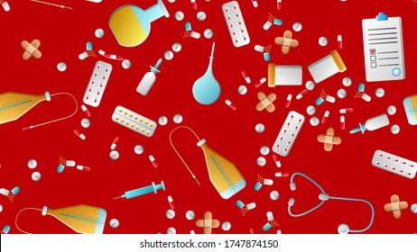 Endless seamless pattern of medical scientific medical items icons jars with pills capsules first aid kits and stethoscopes on a red background. Vector illustration.