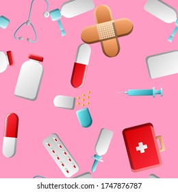 Endless seamless pattern of medical scientific medical items icons jars with tablets capsules first aid kits and stethoscopes on a pink background. Vector illustration.