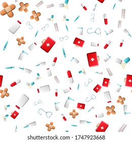 Endless seamless pattern of medical scientific medical items icons jars with pills capsules first aid kits and stethoscopes on a white background. Vector illustration.