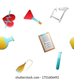 Endless seamless pattern of medical scientific medical objects icons of droppers of hearts with the pulse of flasks of documents and microscopes on a white background. Vector illustration.