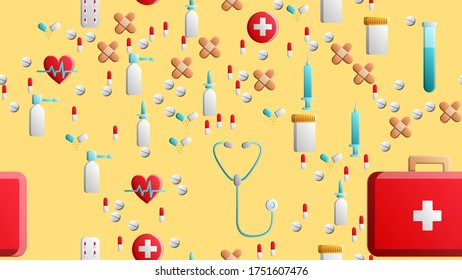 Endless seamless pattern of medical scientific medical items icons jars with pills capsules first aid kits and stethoscopes on a yellow background. Vector illustration.