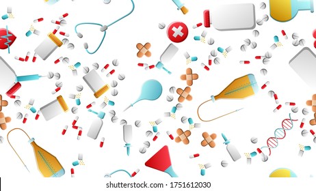 Unendliches nahtloses Muster medizinischer medizinischer Produkte Symbole mit Pillenkapseln für Erste Hilfe und Stethoskopen auf weißem Hintergrund. Vektorgrafik.