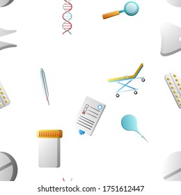 Endless seamless pattern of medical scientific medical objects icons jars with pills thermometers enemas documents on a white background. Vector illustration.