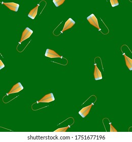 Patrón ininterrumpido de artículos médicos científicos médicos y gotas con una aguja en un fondo verde. Ilustración vectorial.
