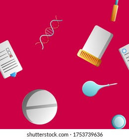 Endless seamless pattern of medical scientific medical items icons jars with pills thermometers enemas documents on a red background. Vector illustration.