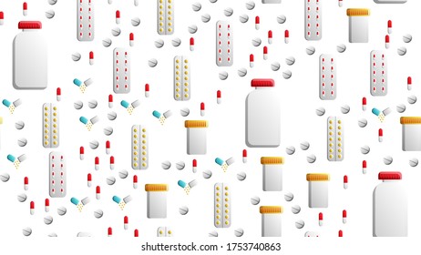 Endless seamless pattern of medical scientific medical objects icons jars with pills capsules on a white background. Vector illustration.