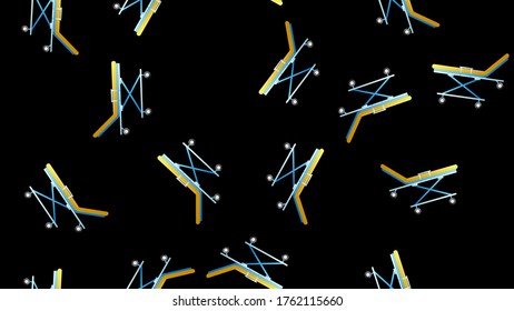 Endless seamless pattern of medical scientific medical items hospital wheelchairs beds with wheels on a black background. Vector illustration.