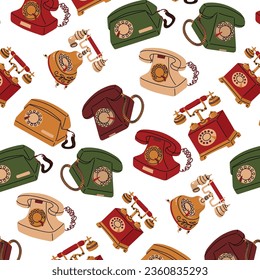 Endless seamless pattern on the theme of telephones in vintage  style. The evolution of communication technologies. Vector illustration for paper and textile in cartoon style.
