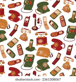 Endless seamless pattern on the theme of telephones in vintage and modern style. The evolution of communication technologies. Vector illustration for paper and textile in cartoon style.
