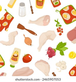 Endless seamless pattern on the theme of barbecue. Potholders, vegetables, meats and sauces. Food ornament for grocery store and restaurants. Vector illustration isolated on transparent background.