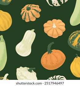 Endless, seamless pattern on the theme of pumpkin harvest. Pumpkins of different colors and shapes. Design for autumn packaging. Halloween celebration in October. Vector illustration.