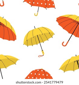 Endless seamless pattern with open umbrellas. Autumn warm colors, feeling of coziness and protection. Rainy weather. Vector illustration on transparent background.