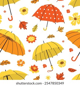 Endless seamless pattern with open umbrellas, flowers and leaves. Autumn warm colors, feeling of coziness and protection. Rainy weather. Vector illustration on transparent background.