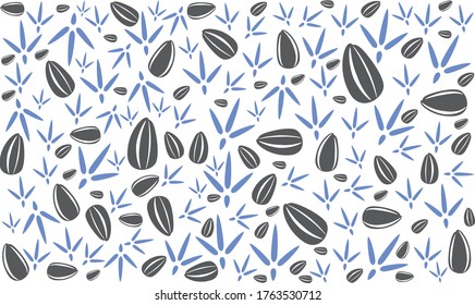 Endless seamless pattern of paw prints of pigeon and sunflower seeds of different sizes. Vector pattern in blue and black on a white background. Infinity wallpaper for bird lovers