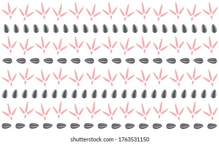 Endless seamless pattern of paw prints of pigeon and sunflower seeds. Vector pattern in pink and black on a white background. Infinity wallpaper for bird lovers
