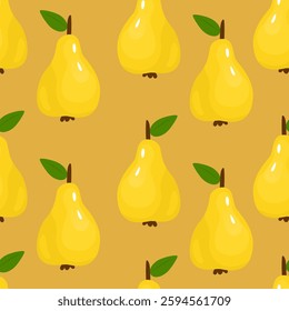 Endless seamless pattern with pears on a yellow background. Vector illustration for gift wrapping. Farm products, harvest. Sweet fruit. Print for notebook, postcard or textile design.