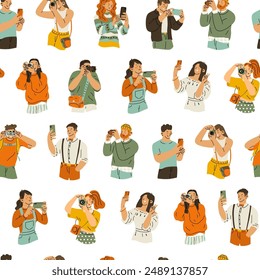 Endless seamless pattern with photographers. People taking photos or video recordings with a camera or phone. Print for photographic equipment stores or bloggers creating content. Vector illustration.