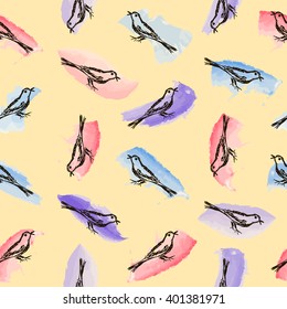 Endless seamless pattern with realistic birds and watercolor strokes