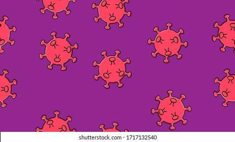Endless seamless pattern of red dangerous infectious deadly respiratory coronaviruses pandemic epidemic, Covid-19 microbe viruses causing pneumonia on a purple background.