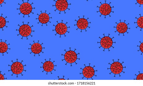Endless seamless pattern of red dangerous infectious deadly respiratory coronaviruses pandemic epidemic, Covid-19 microbe viruses causing pneumonia on a blue background.