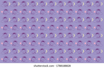 Endless seamless pattern of sheep heads in purple tones.  The lambs' heads are separated by a crescent moon and stars.  Agricultural print.