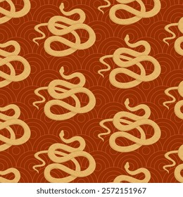 Endless seamless pattern with snakes on ornamented background. Chinese New Year. Vector illustration with transparent background.