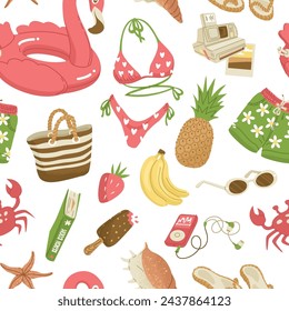 Endless seamless pattern. Summer leisure at sea and beach parties. Bright vector illustration for posters and tanning salons, isolated on transparent background.