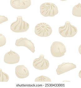 Padrão sem emenda interminável com comida tradicional feita de massa com carne. pelmeni russo, khinkali georgiano, buuz buryat, vareniki. Ilustração vetorial isolada no plano de fundo transparente.