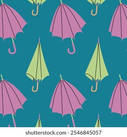 Endless seamless pattern with umbrellas. Accessories for rainy weather. Print for paper or textile. Vector illustration. Cheerful bright umbrellas.