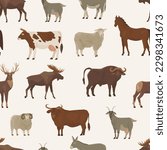 Endless seamless pattern with ungulates. Decor for farm products and wildlife advocates. Vector illustration. 