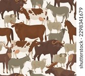 Endless seamless pattern with ungulates. Decor for farm products and wildlife defender. Cow, deer, buffalo, bull, goat, ram, sheep, donkey, elk, horse. Farm pets. Household. Vector illustration. 