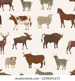 Endless seamless pattern with ungulates. Decor for farm products and wildlife advocates. Vector illustration. 