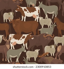 Endless seamless pattern with ungulates. Decor for farm products and wildlife defender. Cow, deer, buffalo, bull, goat, ram, sheep, donkey, elk, horse. Farm pets. Household. Vector illustration. 