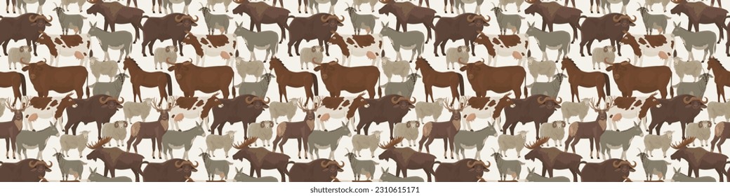 Endless seamless pattern with ungulates. Decor for farm products and wildlife defender. Cow, deer, buffalo, bull, goat, ram, sheep, donkey, elk, horse. Farm pets. Household. Vector illustration. 