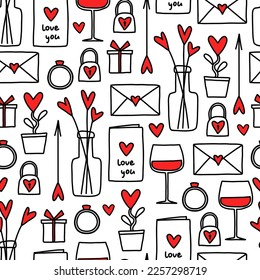 Endlose nahtlose Muster für Valentinstag mit Herzen im Doodle-Stil. Kleines handgezeichnetes Ornament.