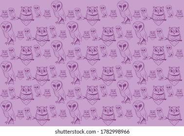 Endless seamless pattern with vector images of owls. Contour birds texture. Wallpaper for the nursery in purple with a forest theme.