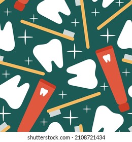endless seamless pattern with white teeth toothbrush and toothpaste on green background