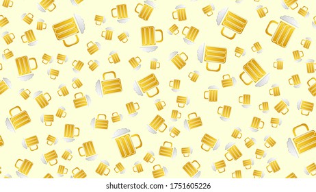 Endless seamless pattern of yellow beautiful glass goblets with alcohol tasty tasty light beer, foamy hop lager on a yellow background. Vector illustration.