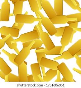 Endless seamless pattern of yellow beautiful glass beer bottles with tasty tasty light beer, foamy hop lager on a white background. Vector illustration.