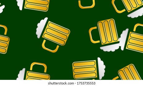 Endless seamless pattern of yellow beautiful glass goblets with alcohol delicious light beer foamy hop lager on a green background. Vector illustration.