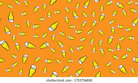 Endless seamless pattern of yellow beautiful glass goblets with alcohol tasty tasty light beer, foamy hop lager on a yellow background. Vector illustration.