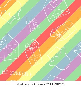 Endless seamless rainbow pattern LGBT topic containing white gift boxes, cupcakes and envelopes with hearts saying Love is love and Be yourself to be used on cards, banners, posters. gay pride concept