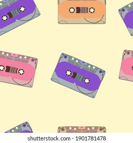 Endless seamless vector background with multicolored tape audio cassettes. Music retro background.