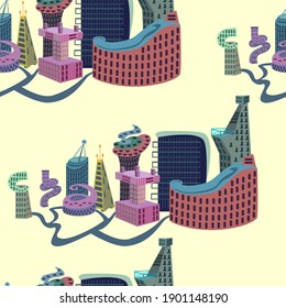 Endless seamless vector pattern with abstract futuristic city. Vector background with cityscape. Abstract geometric pattern in memphis style.