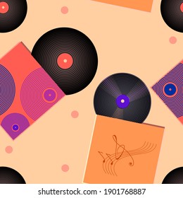 Endless seamless vector pattern with vinyl records and retro packaging for them. Vintage music background.
