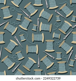 Endless seamstress pattern. seamless pattern with threads, a needle on a turquoise background. hobby and needlework theme.