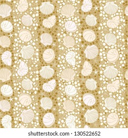 Endless seashell pattern. Seamless beige texture with shells and sea stones. Template for design and decoration