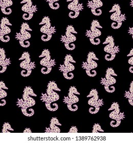 Endless. In simple style. Clip Art. Watercolor. Sketch, doodle, scribble. Illustration. Vector. Suitable. Cute girly seamless drawn by hand. Seahorse isolated on purple, beige, black background.